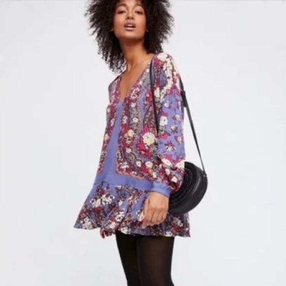 Free People Lovely Dreams Print Long Sleeve Swing Tunic Top Floral Purple XS - Picture 3 of 8